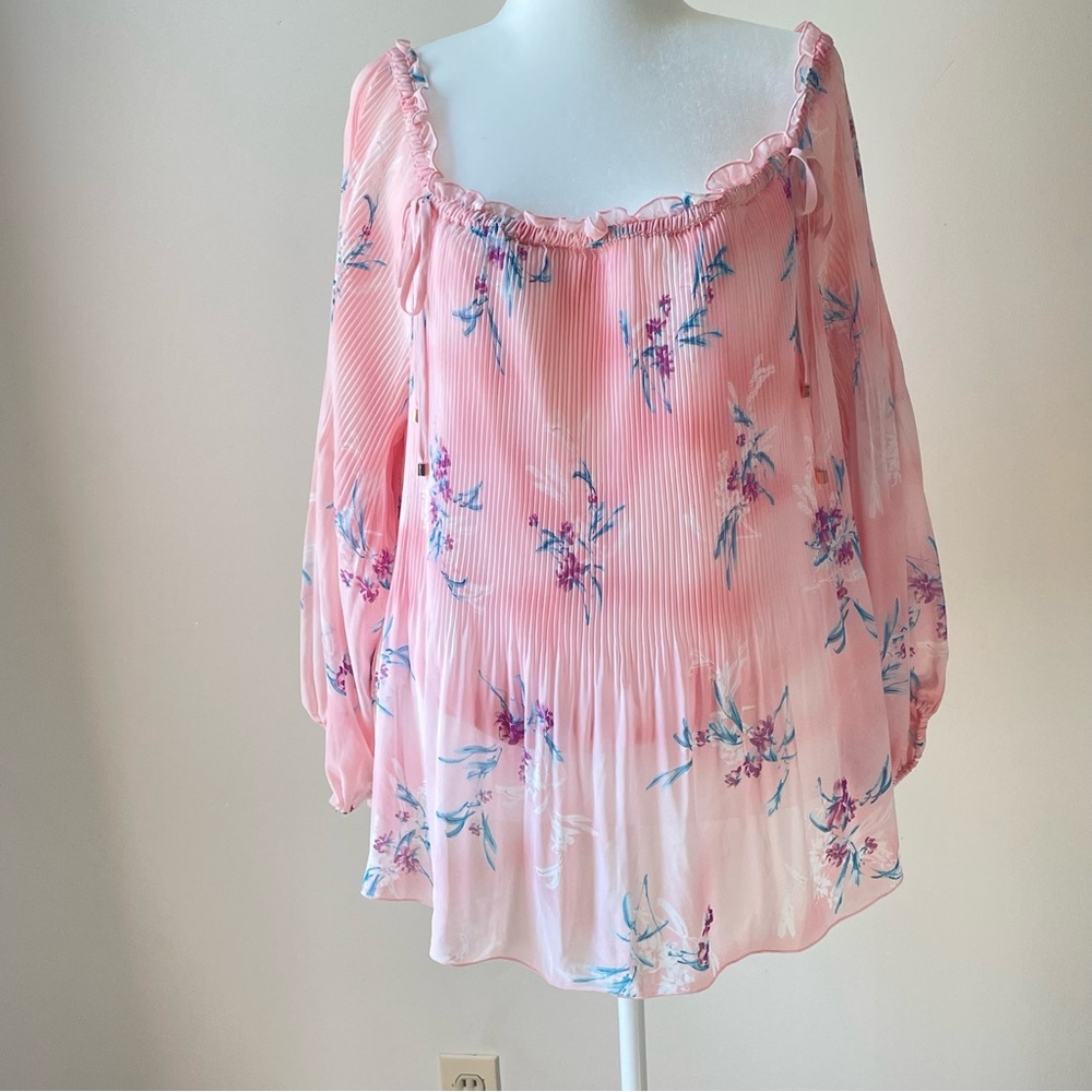 Lane Bryant Size 18/20 Pleated Floral Ruffle Baby Doll Blouse in Pink